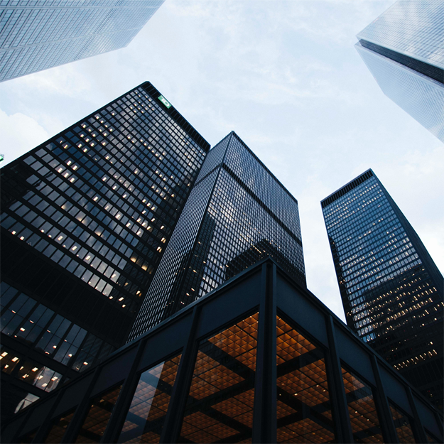 View looking up at skyscrapers